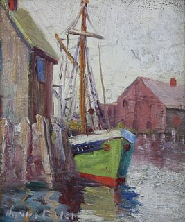Minna G. Webb Oil on Board "At the Wharf, Nantucket"