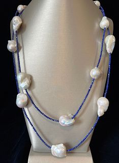 Faceted Lapis Lazuli Bead and White Baroque Pearl Necklace
