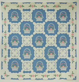 Baby Blue and White Flower Basket Applique Quilt, circa 1930s