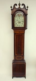 American Mahogany Inlaid Calendar Tall Case Clock, 19th Century