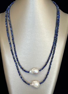 Double Strand Faceted Lapis Lazuli Bead and White Baroque Pearl Necklace