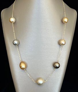 14.5mm - 11.5mm South Sea and Tahitian Pearl Tin Cup Necklace, 10k Gold