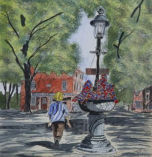 Ray Belanger Watercolor and Pen on Paper "Main Street Nantucket"