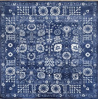 Hand Knotted Denim Blue Wool and Silk Tabriz Square Oriental Rug