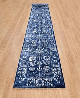 Denim Blue Wool and Silk Hand Knotted Tabriz Extra Long Oriental Carpet Runner
