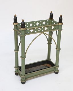 Neo-Gothic Green Painted Tole Umbrella Stand, 19th Century
