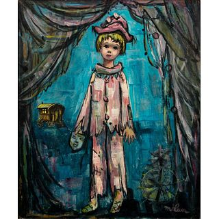 Melan (French) Original Oil of a Child Pierrot Circus