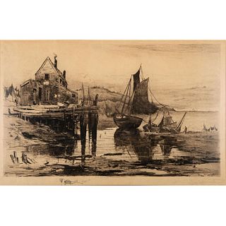 Frederick Leo Hunter, Etching on Paper, Harbor and Fishermen