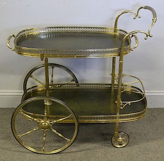 Vintage Brass Tea Cart with Tooled Leather Lined