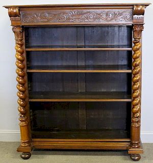 Antique Carved Mahogany Open Front Bookcase.