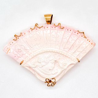 Vintage Shell Cameo Brooch Pendant, Lady with Fan