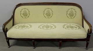 Antique French Upholstered Scroll Arm Sofa.