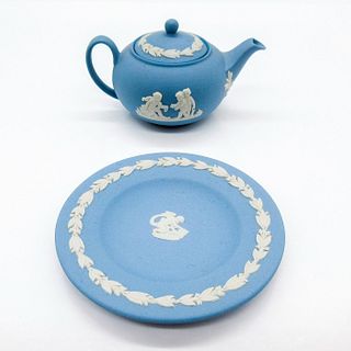 2pc Wedgwood Blue Jasperware Teapot + Plate