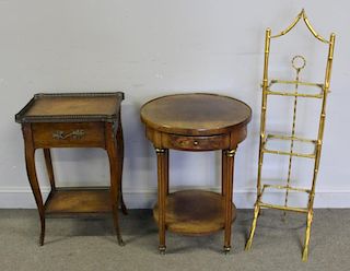 Lot of 2 End Tables & a Gilt Metal Cake Stand.