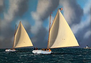 Jerome Howes Oil on Board "Two Catboats off Brant Point Nantucket"