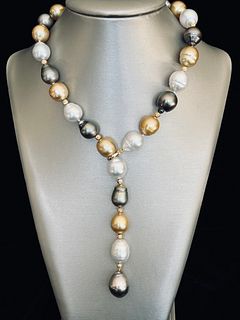 16mm-12mm Multicolor South Sea Pearl Lariat Necklace, 14k Gold