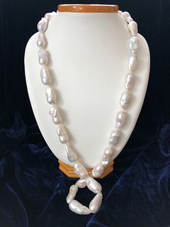 White Baroque Fresh Water Pearl Necklace, 14k White Gold and Diamond Clasp