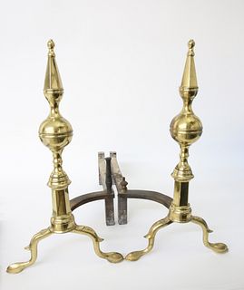 Pair of Brass Paneled Steeple Top Andirons, 19th Century