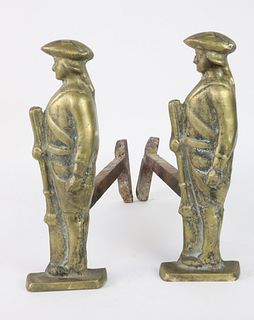 Pair of Antique Minuteman Cast Brass Figural Andirons
