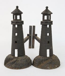 Pair of Cast Iron Lighthouse Andirons, 20th Century