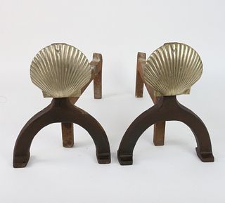 Pair of Vintage Brass Scallop Shell Andirons, 19th Century