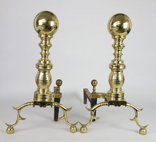 Pair of Vintage Virginia Metal Crafters New England Style Brass Ball Top Andirons