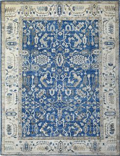Rich Denim Blue Angora Wool Oushak with Geometric Leaf Design
