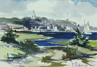 David Lazarus Watercolor on Paper "View of Nantucket Town from the Creeks"