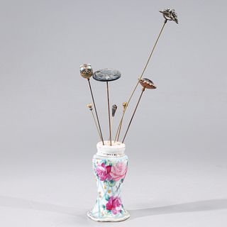 Group of Various Metal Hairpins in Porcelain Stand