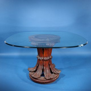 Elaborately Carved Wood & Glass Table
