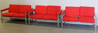 Set of 3 Midcentury Chrome and Upholstered Sofas.