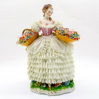 Dresden Porcelain Lace Figurine, Lady with Flower Baskets