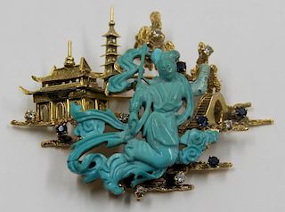 JEWELRY. Turquoise and Gold Asian Brooch.