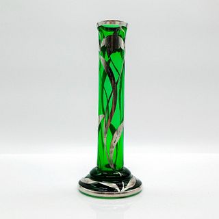 Antique Art Nouveau Silver Overlay Green Glass Vase