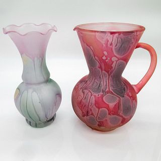 2pc Vintage Israeli Hebron Arts Glass, Bud Vase and Pitcher