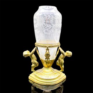 Vintage Etched Glass Vase in Brass Figural Base