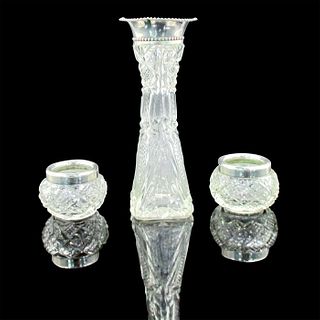 3pc Cut Glass Silver Rimmed Bud Vase and Salt Cellars