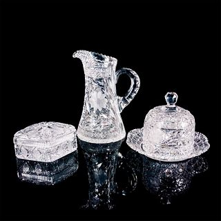 3pc American Cut Glass Cheese Dome, Pitcher and Trinket Box