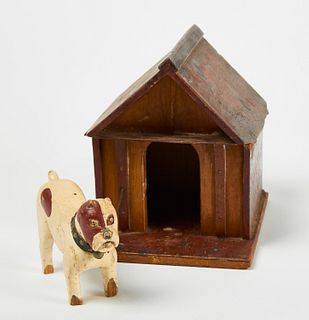 Folk Art Carved Bull Dog and Doghouse