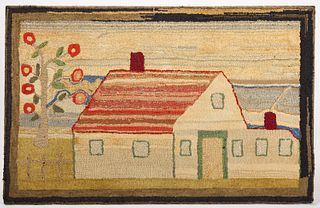 Hooked Rug with House and Tree