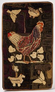Hooked Rug with Rooster, Chicks and Birds