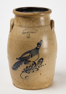 Two-Handled Stoneware Churn with Bird