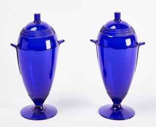 Pair of Cobalt Glass Urns