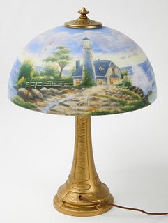 Art Glass Lamp with Lighthouse Scene