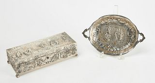 Dutch Silver Jewel Casket Box and Oval Dish