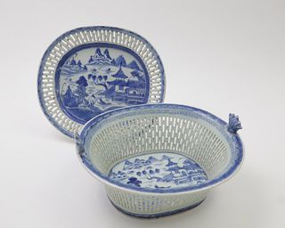 Canton Reticulated Oval Fruit Basket and Tray, 19th Century