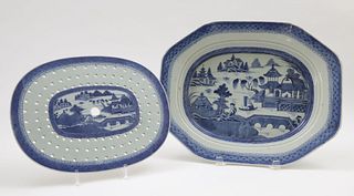Canton Deep Oblong Meat Platter and Strainer, 19th Century