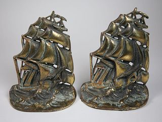 Pair of Antique "A.M. Greenblatt" Cast Brass Figural Clipper Ship Bookends
