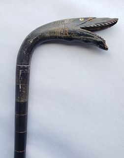 Antique Carved Horn Figural Snake Head Cane Walking Stick