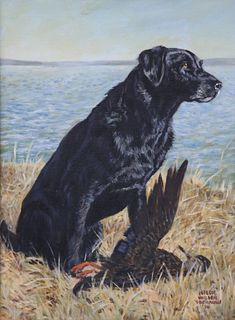 Helen Wilson Sherman Oil "Portrait of a Black Labrador Retriever Hunting Dog"